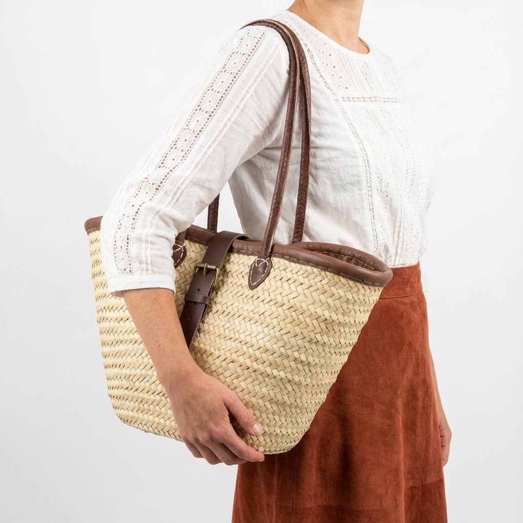 Melecraft – Großhandel Strandtaschen – Französischer Marktkorb mit Leder, Korb mit Zierschnalle1