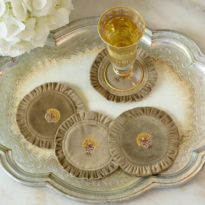 Arte Italica & Crown Linen Designs - Wholesale Coasters - Turkey Round Ruffle Velvet Coaster Set - NEW