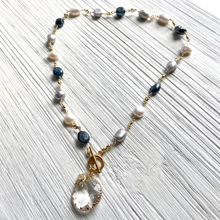 VB&CO Designs Handmade Jewelry - Wholesale Pendant/Charm Necklace - Sunburst charm crystal necklace-multi denim mix,color pearl3