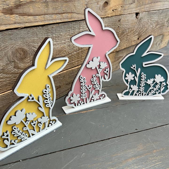 Easter Floral Bunnies diy cutout set of 3 home decor for wholesale by Rustic Home Co LLC