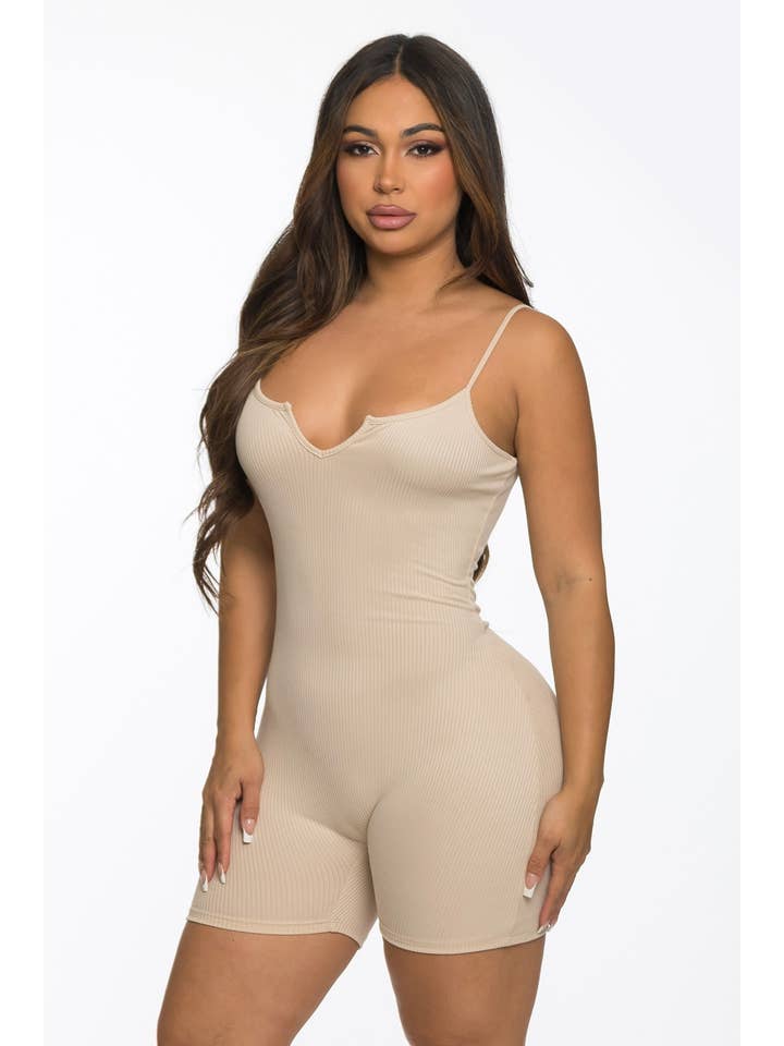 Lime All the Time - Wholesale Romper - Women's - Ribbed Split Neck Strap Short Romper7