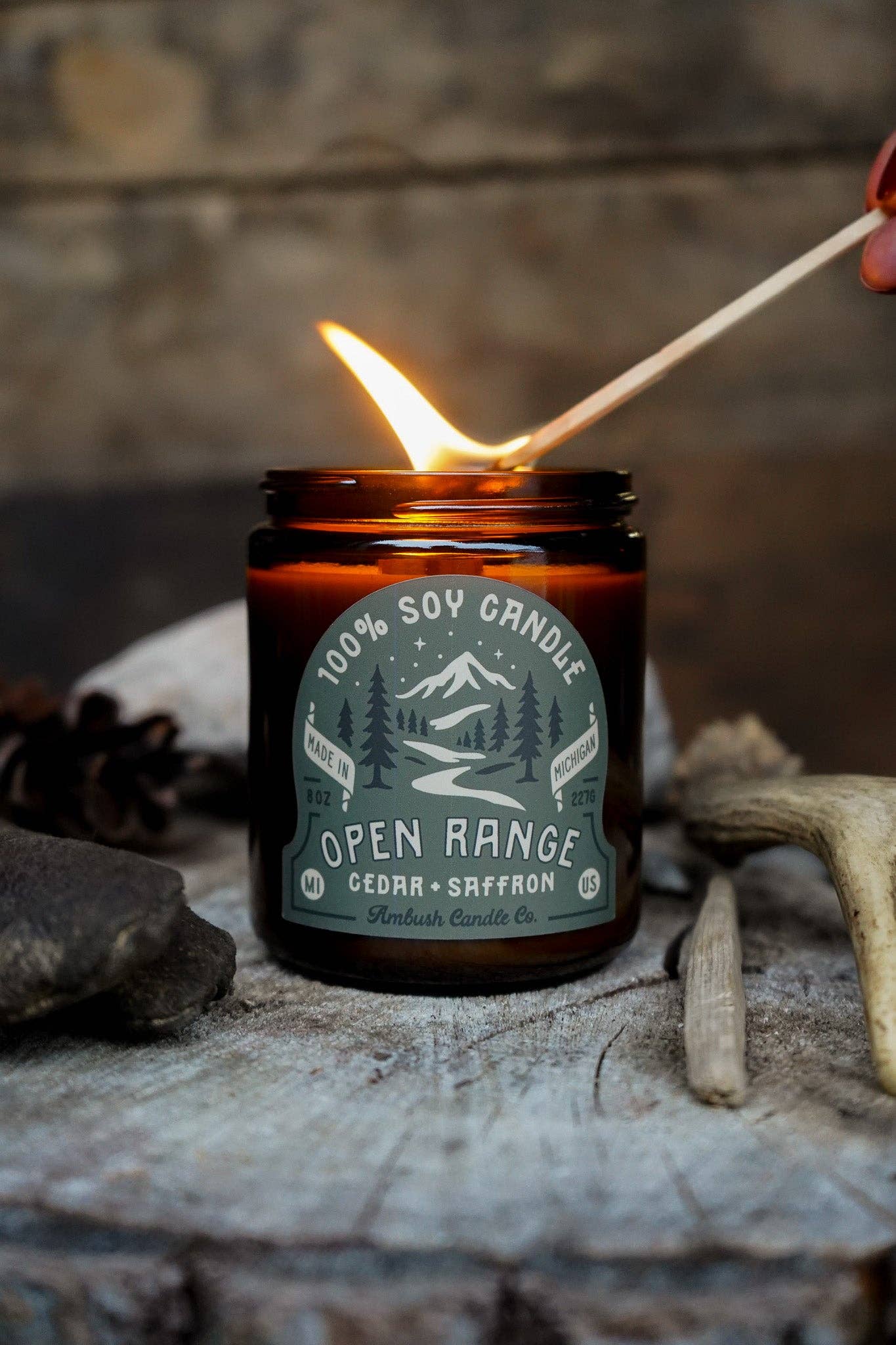 Ambush Candle Co. - Wholesale Jar/Filled Candle - Open Range | Cedar + Saffron 8oz Soy Candle4
