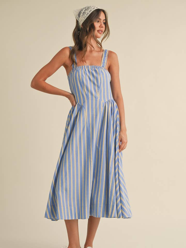 ID8879 STRIPED SMOCKED BACK FLARED A-LINE MIDI DRESS for wholesale by Klesis