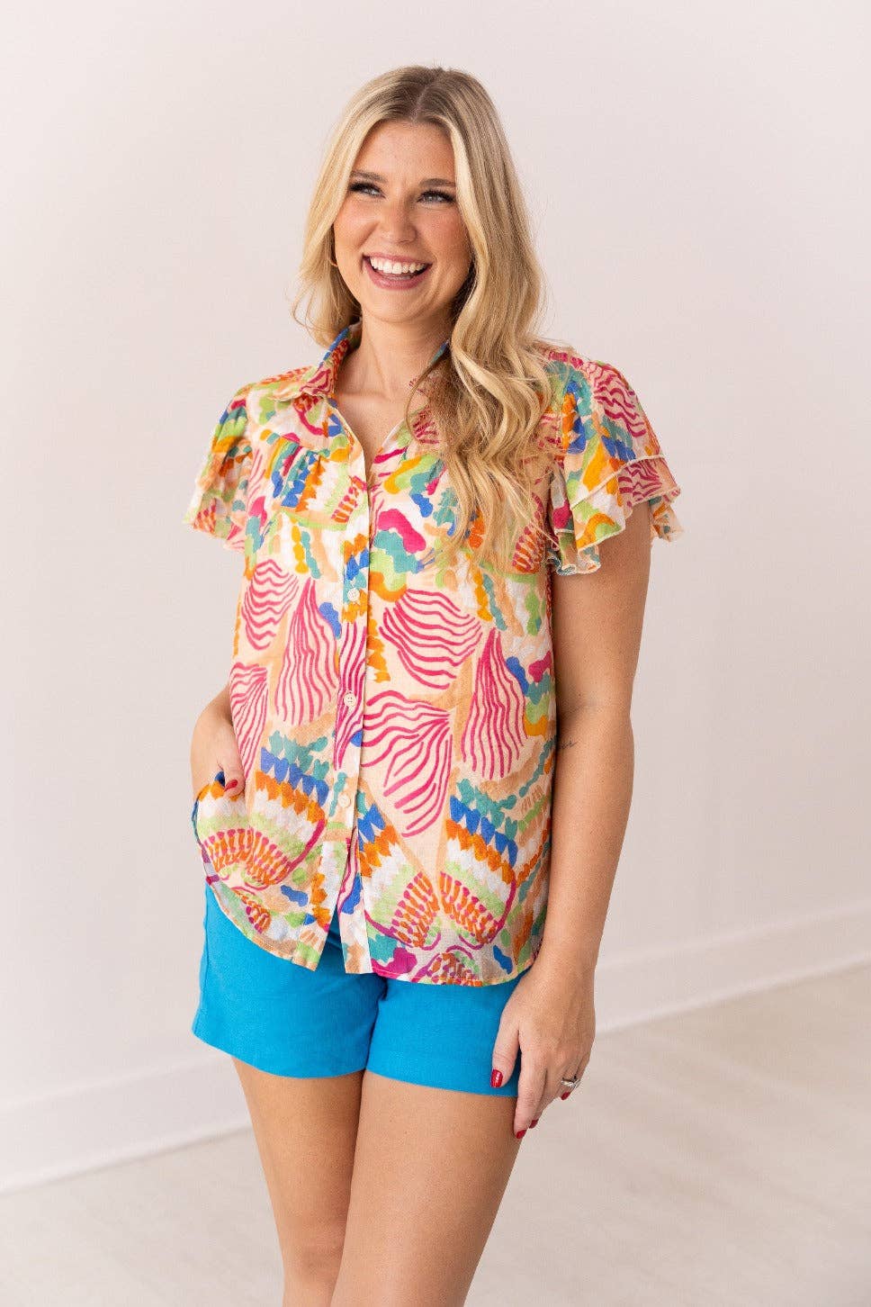 Multi Tropical Print Top Flutter Sleeves for wholesale on Faire1
