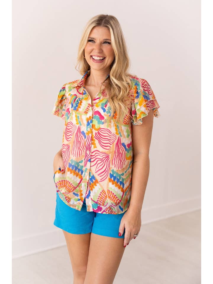 Multi Tropical Print Top Flutter Sleeves for wholesale on Faire1