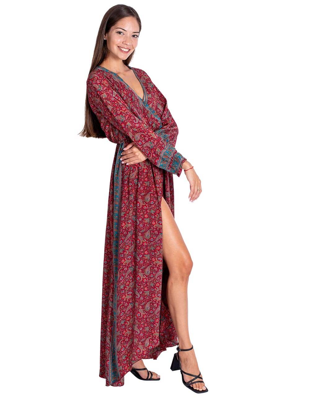 Kimago Look - Vente Robe – femme - Robe longue style bohème en soie bordeaux à imprimé cachemire avec fente4