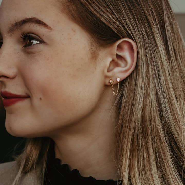 A Worthy Brand - Wholesale Dangle Earrings - Moon and Star Earrings - Double Piercing Earring Chain7