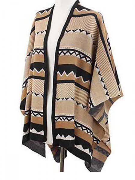 TRIBAL PATTERN KNIT CAPE for wholesale by Suzie Q USA