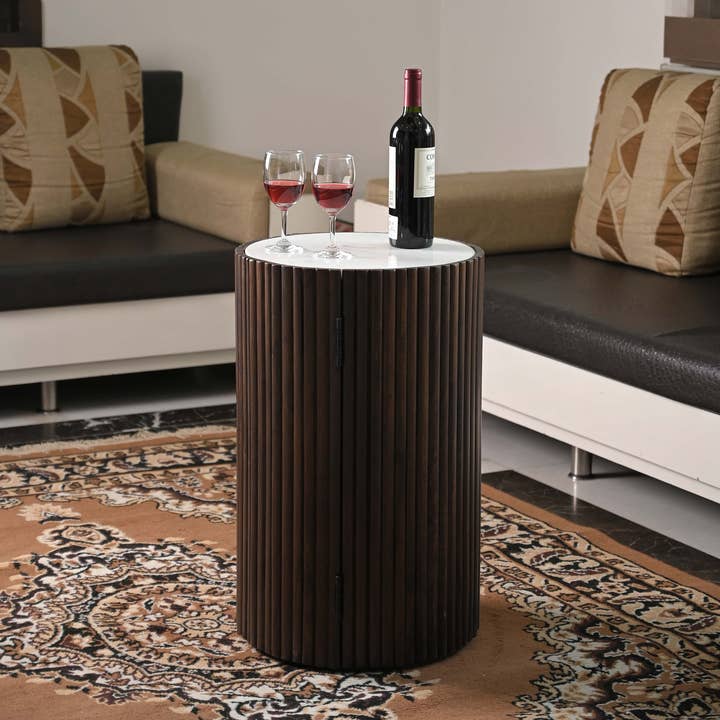Modern cylindrical bar cabinet made of wood with bar table and white top für den Großhandel von iAnanas