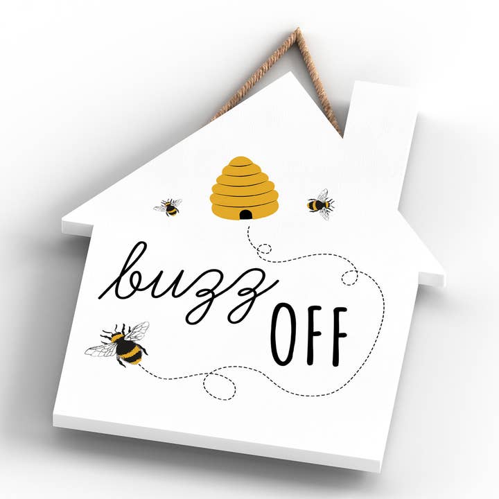 Vivid Squid Wholesale – wholesale Sign – P3033 - Buzz Off Bee Themed Decorative Wooden House Shaped H3
