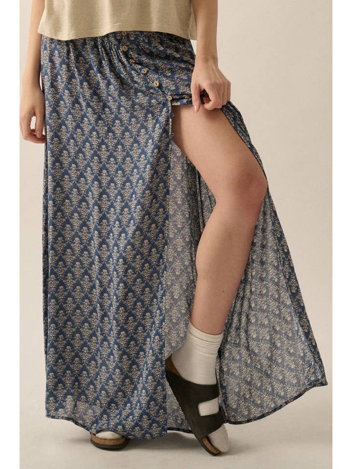 Promesa USA – Saia - Mulher por atacado – Saia Maxi Floral Ornada com Cintura com Botão e Frente3