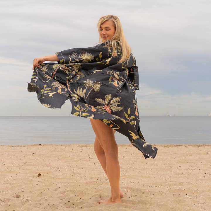 Boho-Eclectica - Vente Peignoir – femme - Peignoir kimono en coton pour femme - Noir tropical
