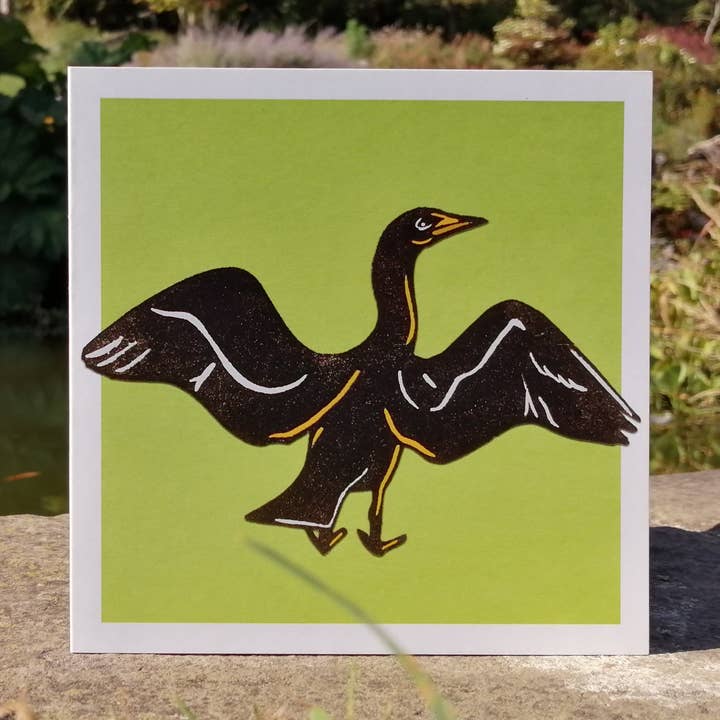 Lino Cormorant Blank Greetings Card for wholesale by Little Plover