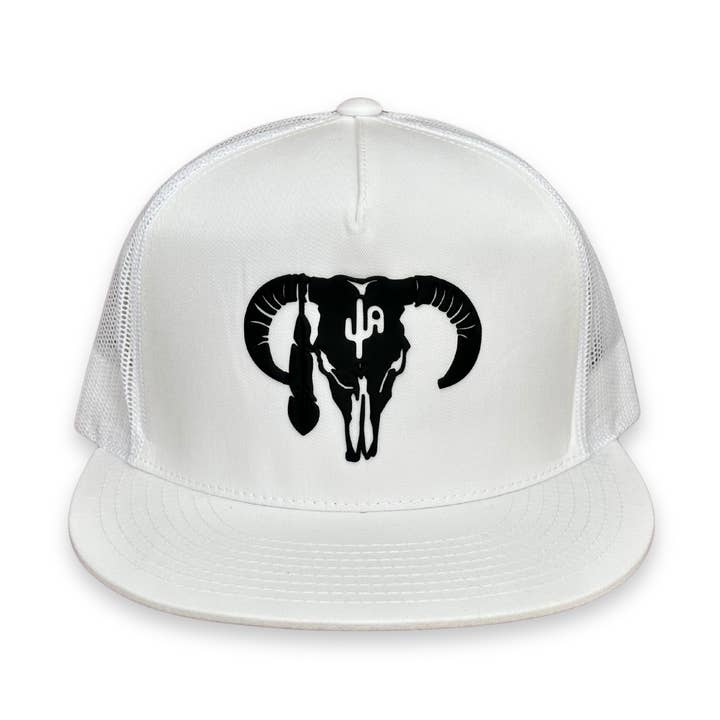PVC "Hereford Skull" BLK - CA 6006 White/White Mesh, Snapback Cap (2025) for wholesale by Cactus Alley Hat Co.