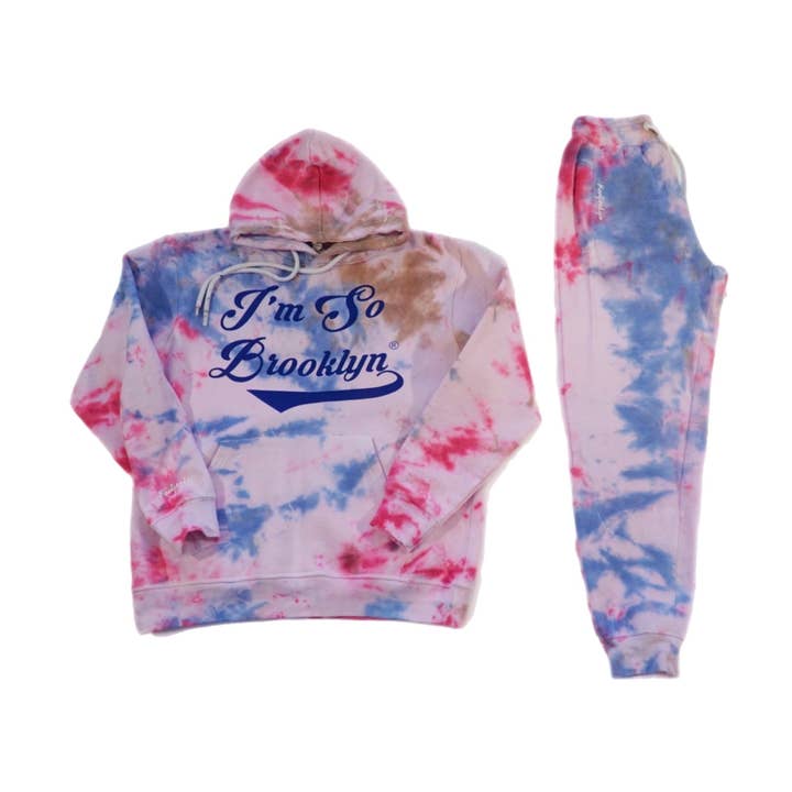 I’m So Brooklyn Tye Dye Sweatsuit/White, Tan and Royal Blue for wholesale by Koolforlife Inc