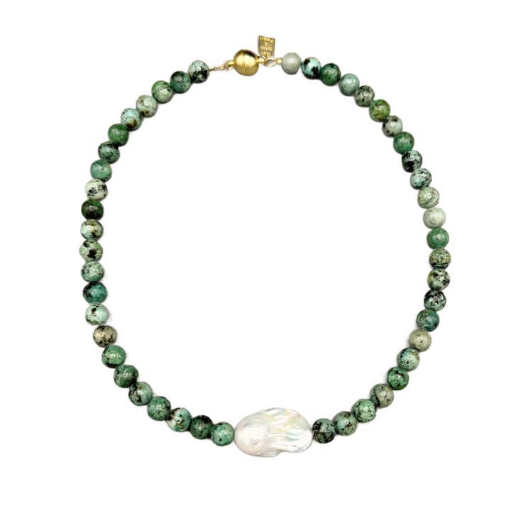 170-TURQ-G | 8 MM AFRICAN TURQUOISE BEADS W/ WILD PEARL for wholesale by Girl With A Pearl