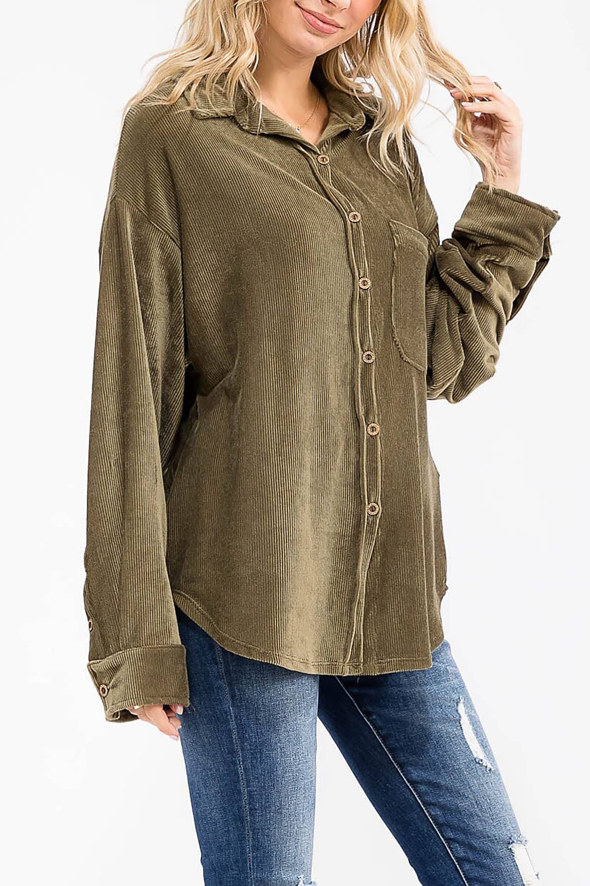 ROUSSEAU - Wholesale Button Down Shirt - Women's - OVERSIZED CORDUROY BUTTON DOWN POCKET FRONT TOP12