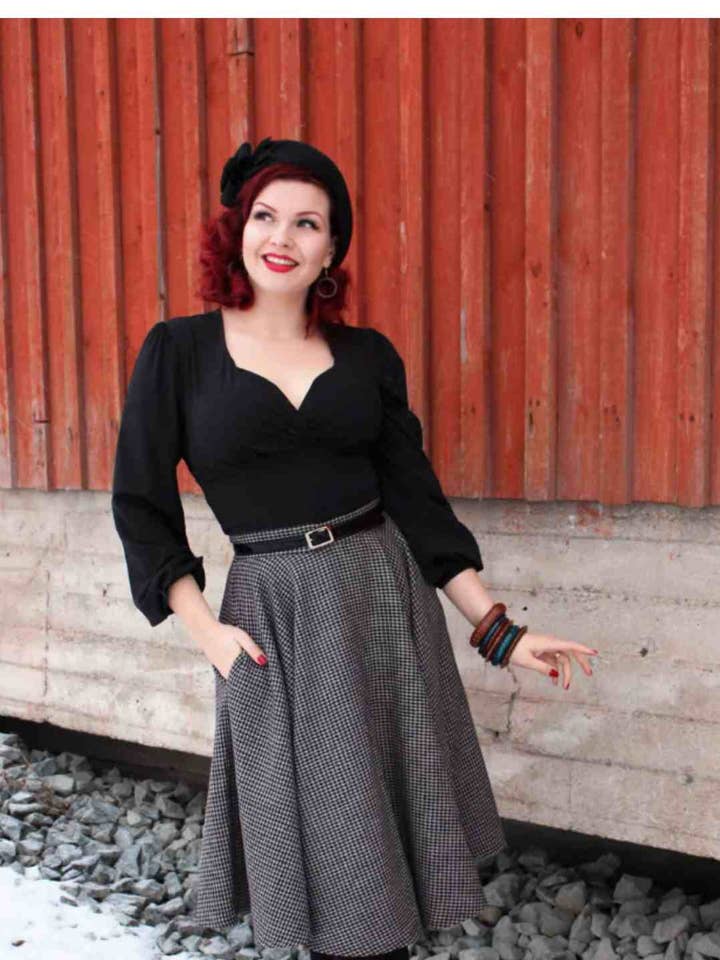 Saia Midi Evasê Xadrez de Lã Sophie Houndstooth por atacado de Timeless London