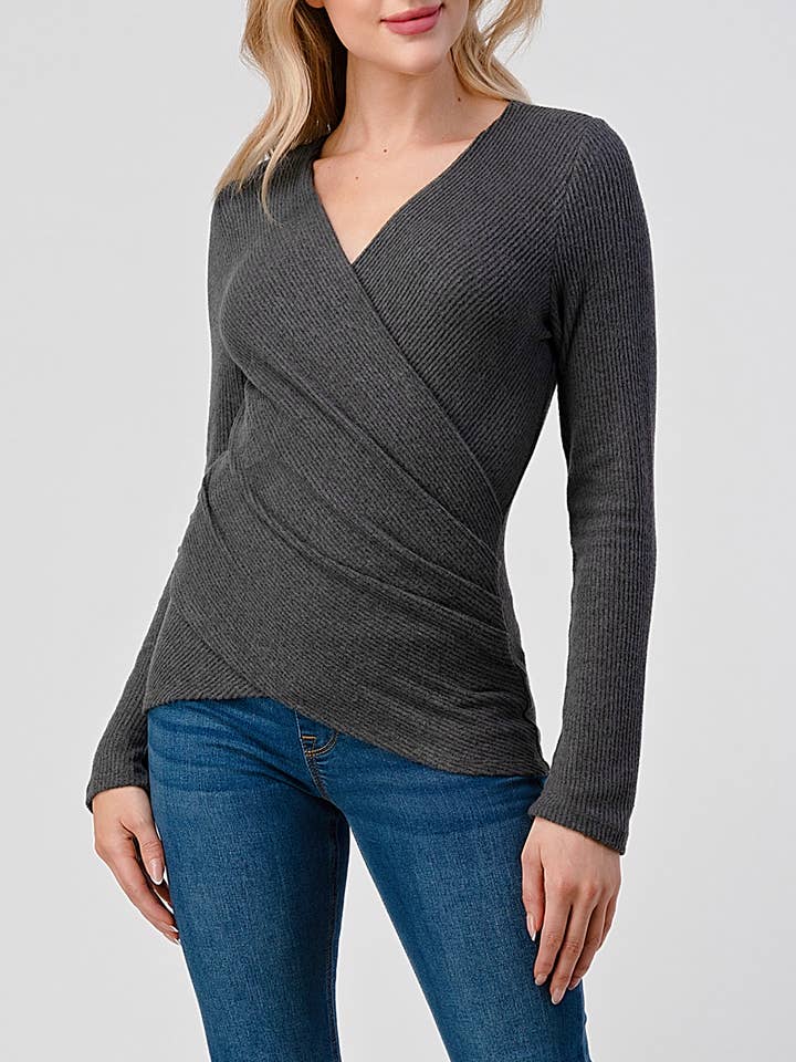 Camisola de manga comprida em malha com nervela ajustada Surplice, T545 por atacado de Heimious