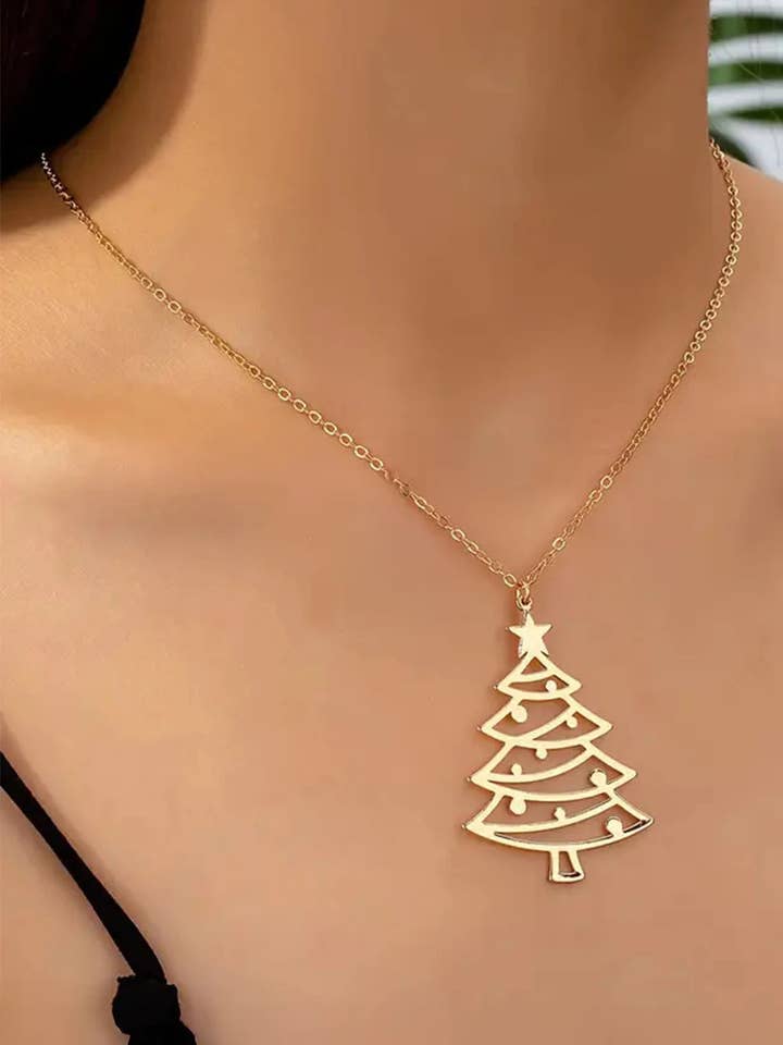 Gold Plated Alloy Hollowed Christmas Tree Necklace for wholesale by Lovesoft