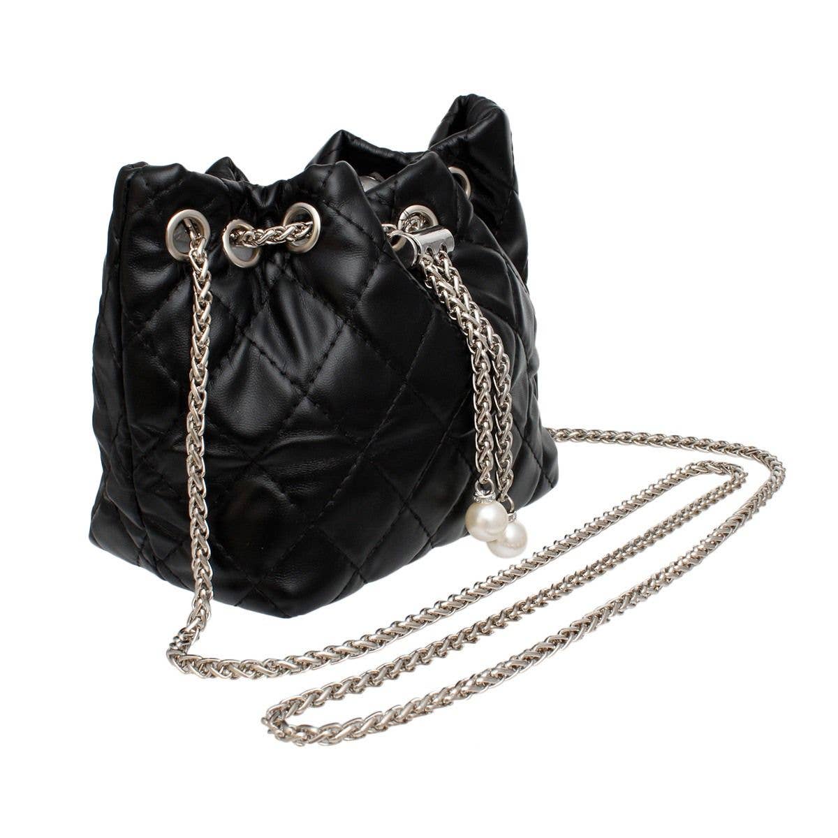 Mini Bucket Black Quilted Silver Camellia Luxe Bag for wholesale on Faire1