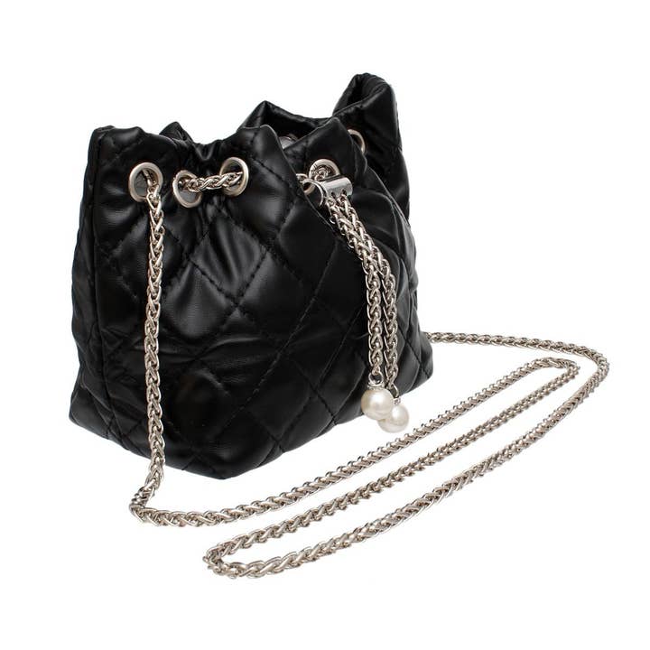 Mini Bucket Black Quilted Silver Camellia Luxe Bag for wholesale on Faire1