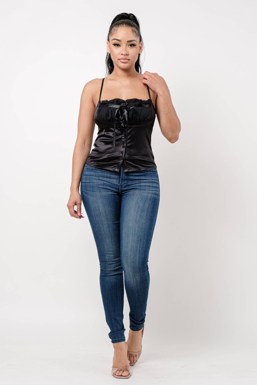 Julia by LoveJ - Wholesale Blouse - Women's - Buttons Mesh Ruched Lace Trim Front Tie Top22