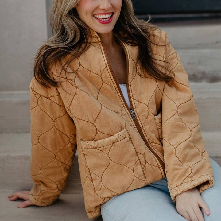 Camel Garment Washed Quilted Jacket for wholesale on Faire