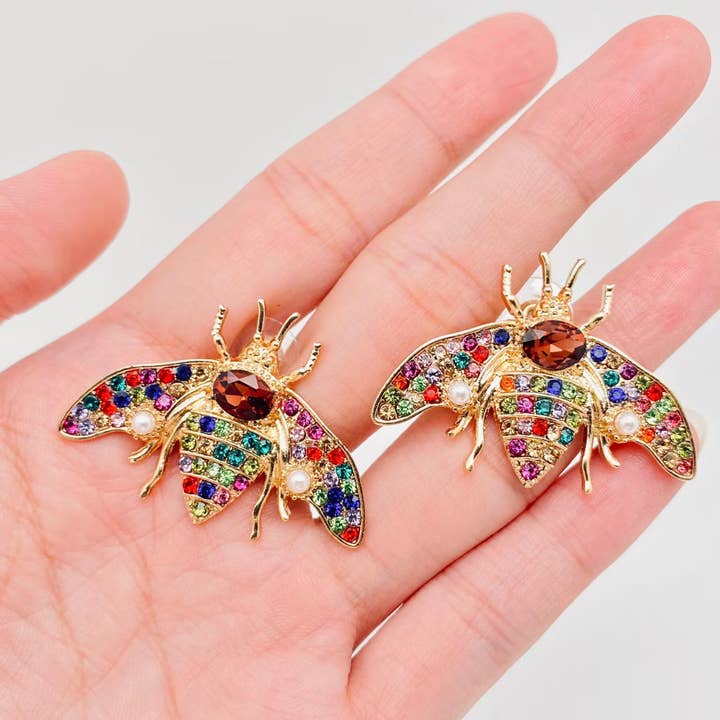 Colorful Rhinestone Bee Post Earrings for wholesale by Mio Queena
