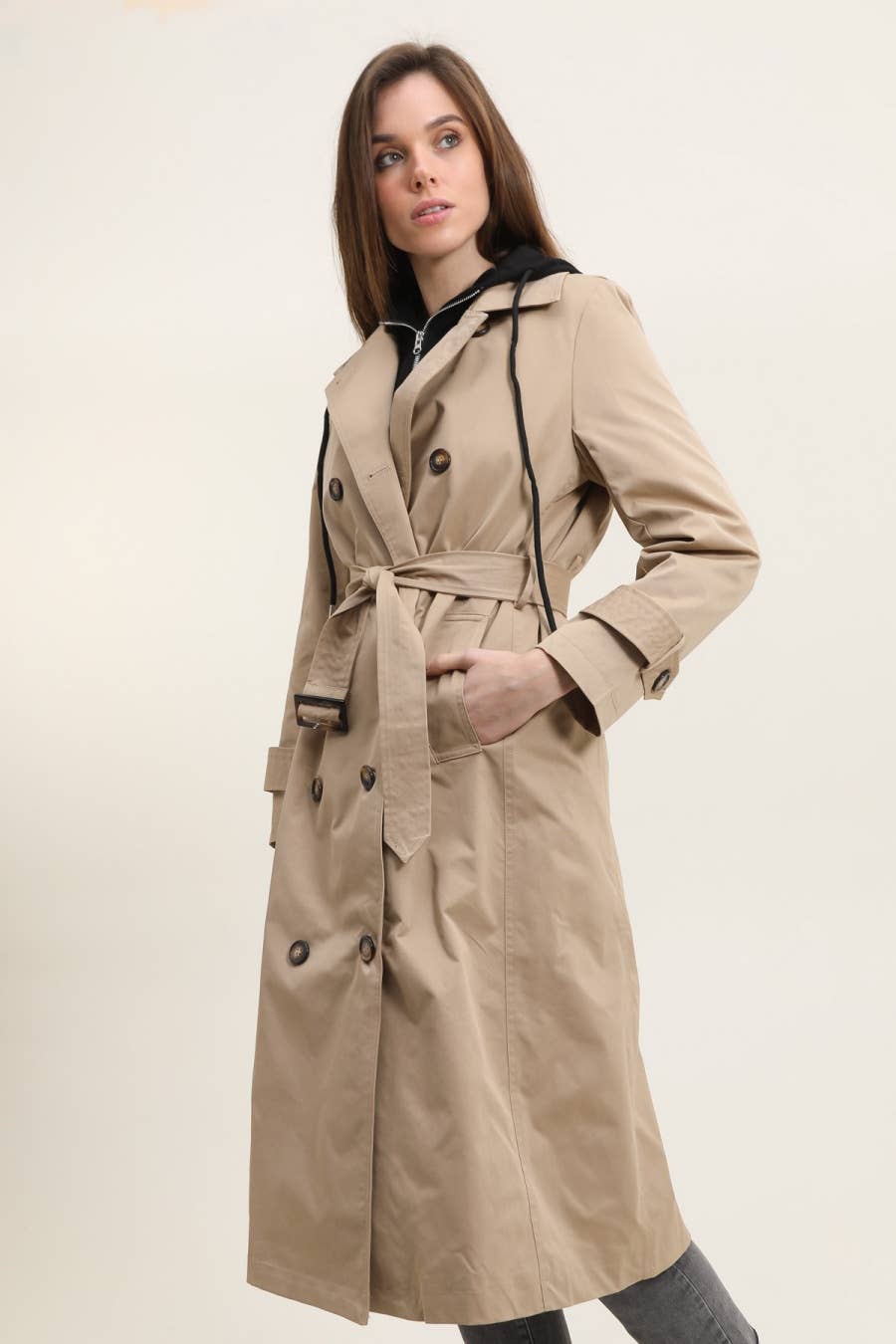 Attrait Paris - Wholesale Trench Coat - Women's - Long trench coat with hoodie yoke11