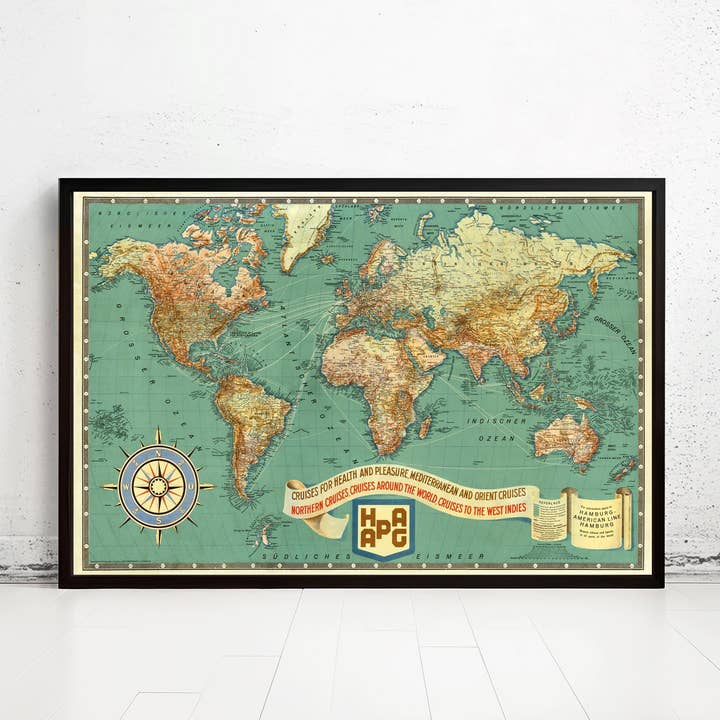 Beautiful Old World Map 1931 Cruises Health Pleasure Hamburg Lines German Airlines | World Map Gift World Map Print | Vintage World Map for wholesale by OldCityPrints - Old Maps and Posters