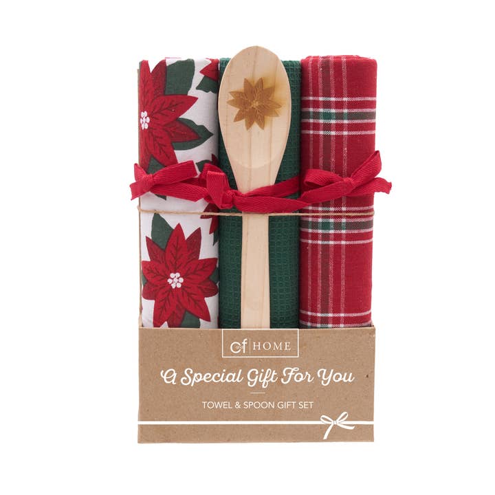 Coffret cadeau de torchon de cuisine et cuillère à carreaux Poinsettia de Noël pour la vente par C&F Home
