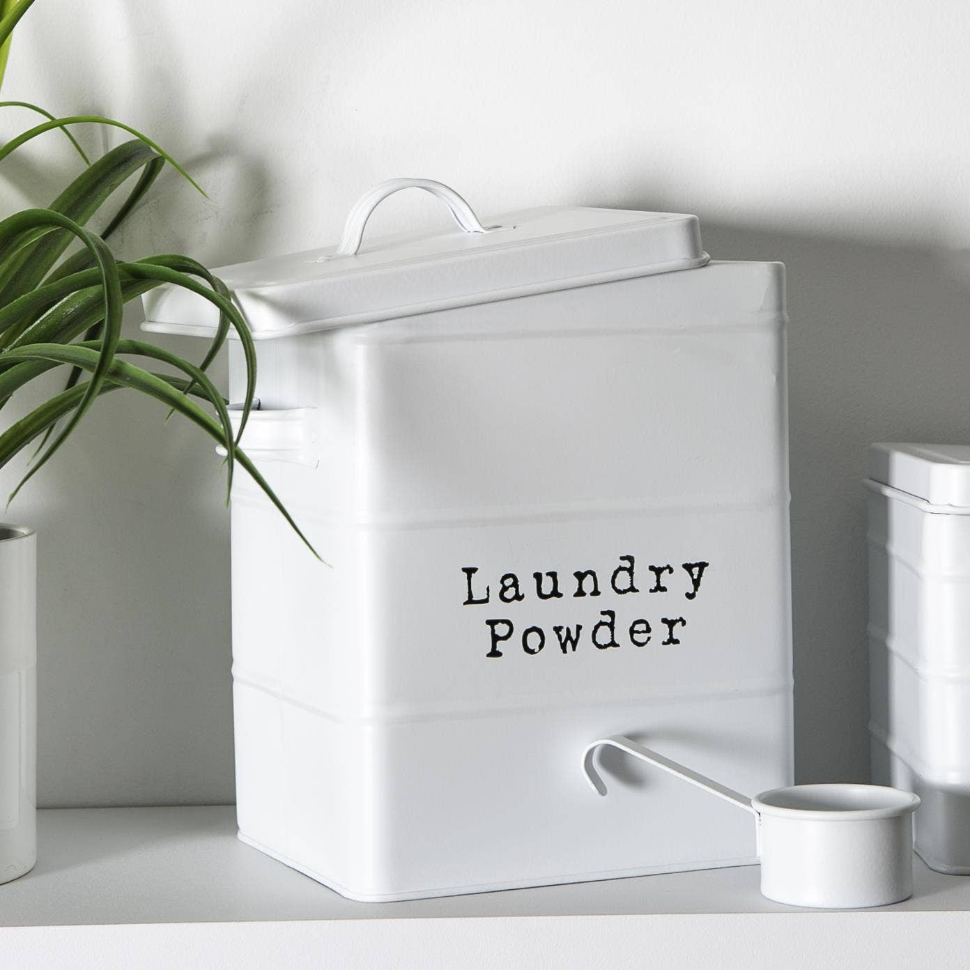 Rinkit Ltd – wholesale Laundry detergent powder/pods – Harbour Housewares Metal Washing Powder Storage - Matt White1