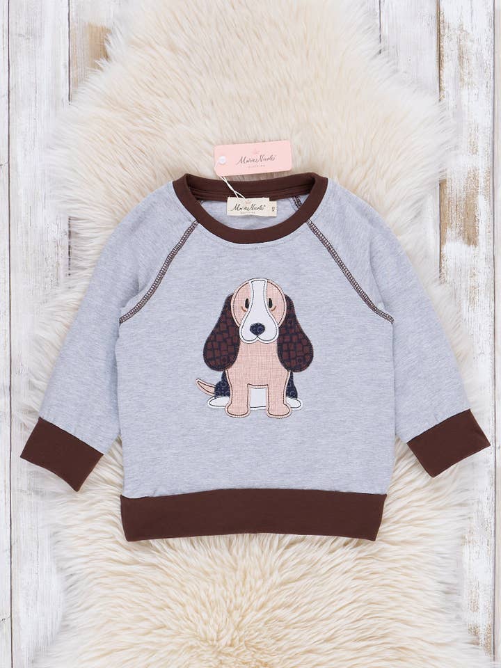 Marie Nicole Clothing - Wholesale T-Shirt - Kids - Grey & Brown Embroidered Puppy Shirt