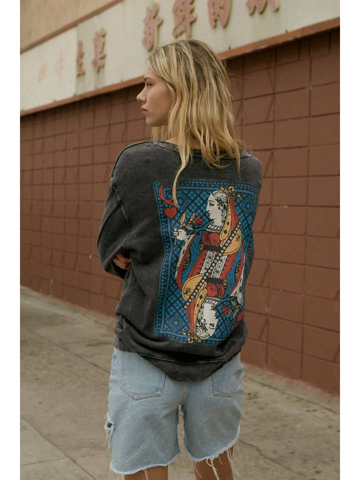 Charcoal Queen of Hearts Vintage Wash Graphic Sweatshirt for wholesale on Faire