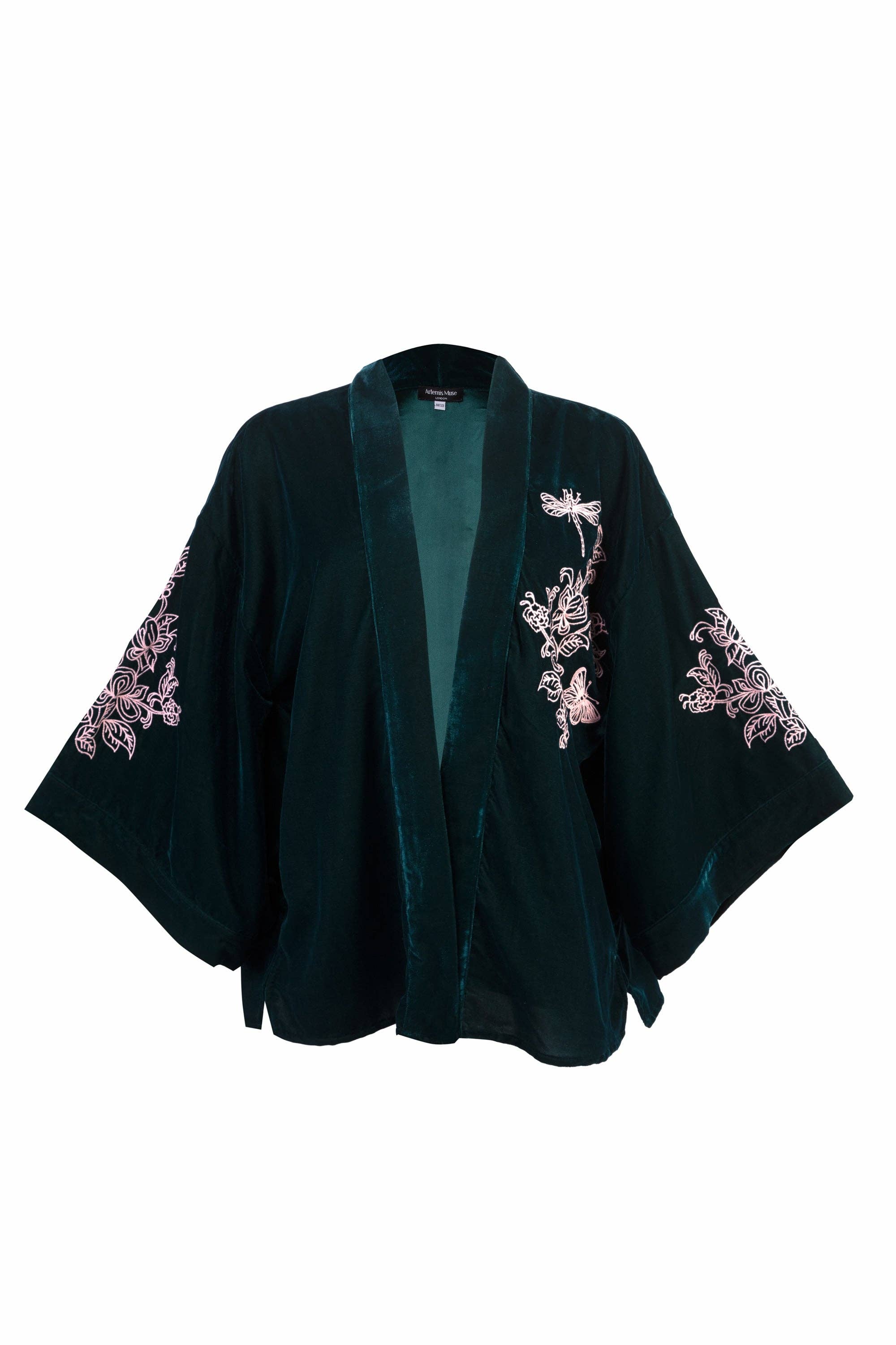 Artemis Muse - Wholesale Kimono - Women's - Wild Flowers & Butterflies Teal & Pink Velvet Embroidered Short Kimono7