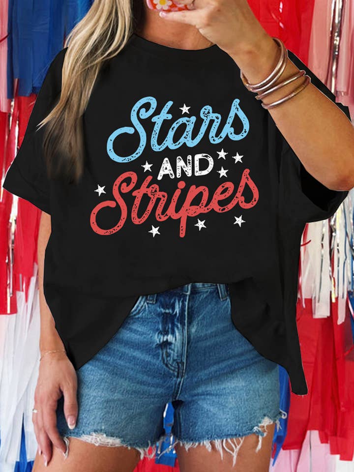 Black July 4th Stars AND Stripes Vintage Letter Graphic Tee for wholesale on Faire