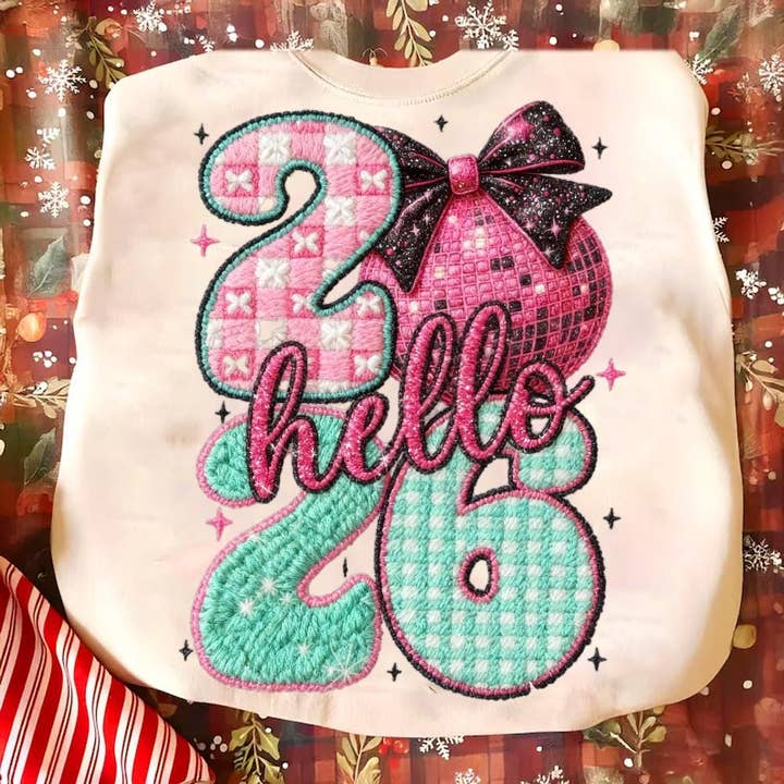 Camiseta de Año Nuevo 2026 de Ganchillo de Hilo Falso, Suéter Hola 2026 para venta al por mayor de DLT Ecommerce