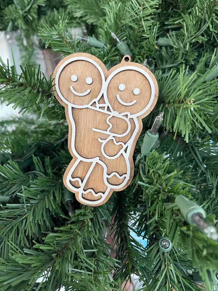 Gay LGBTQ+ Faux-Gingerbread Wooden Ornament for wholesale by BUBBLEHEAD INK