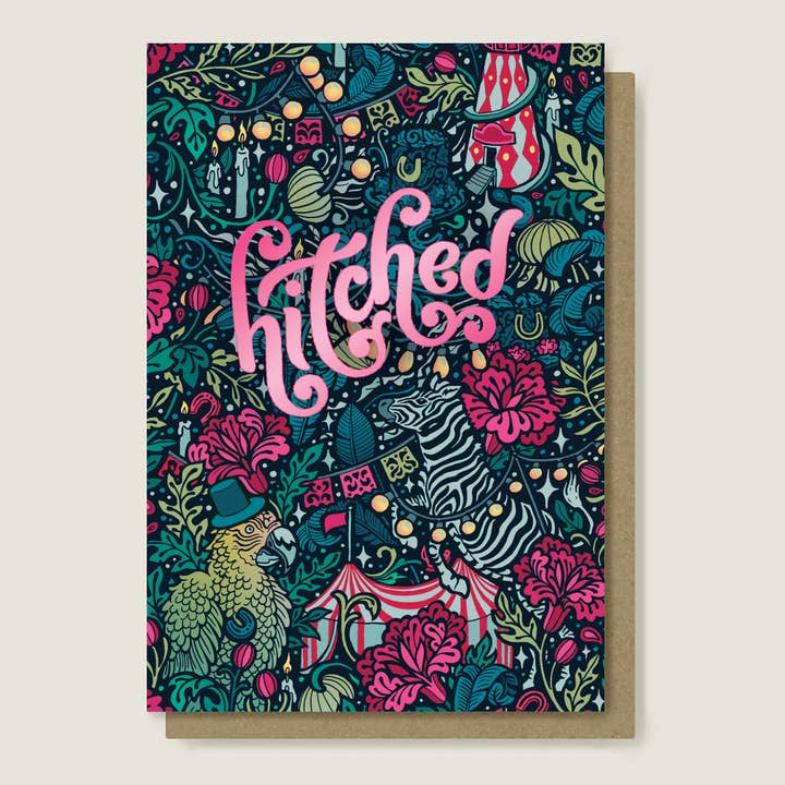 'Hitched' Card. Pink Foiled, Carnival Wedding Card for wholesale by flight & fancy