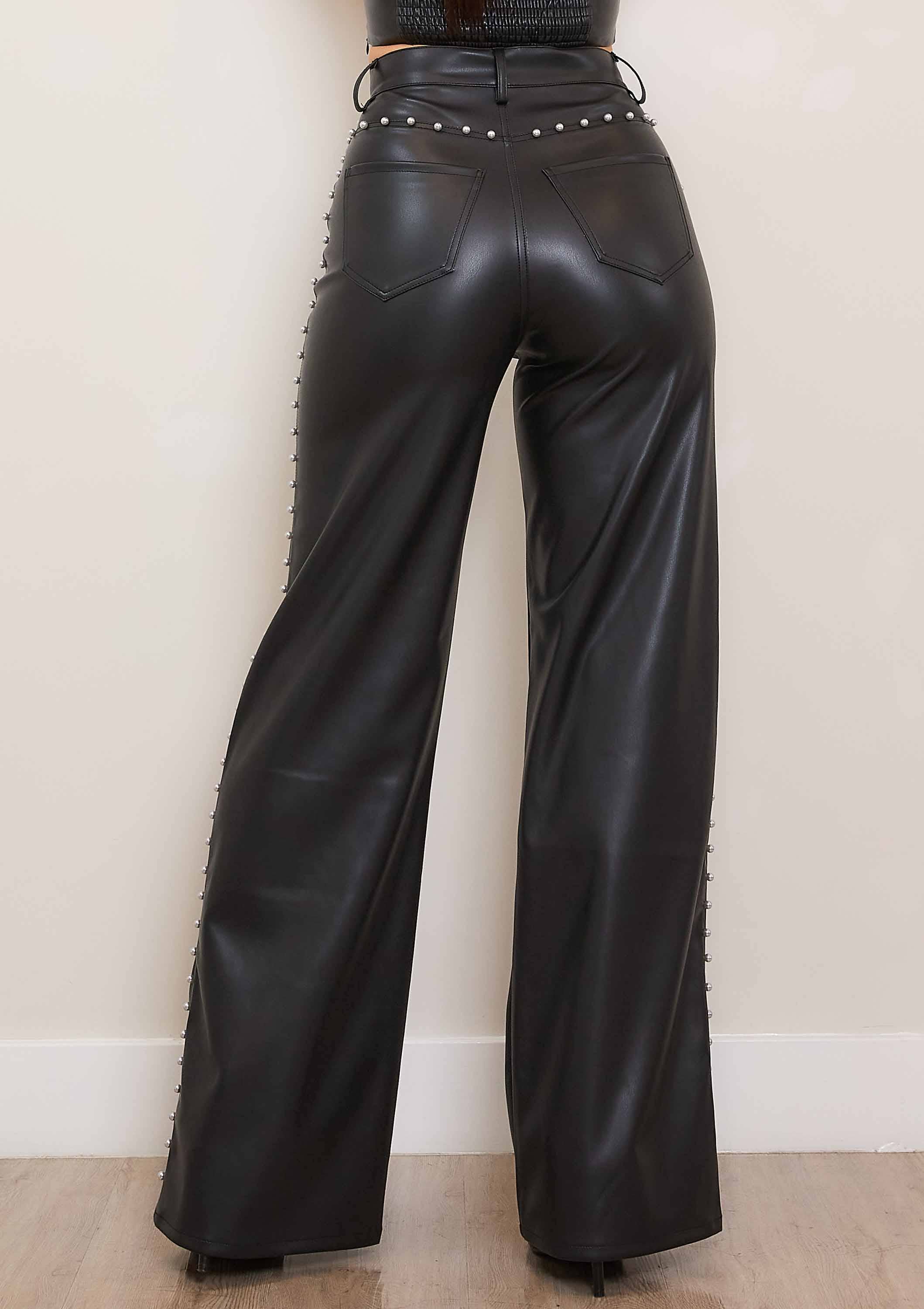 Wholesale Vegan Leather Wide Leg Pants With Pearl for your store