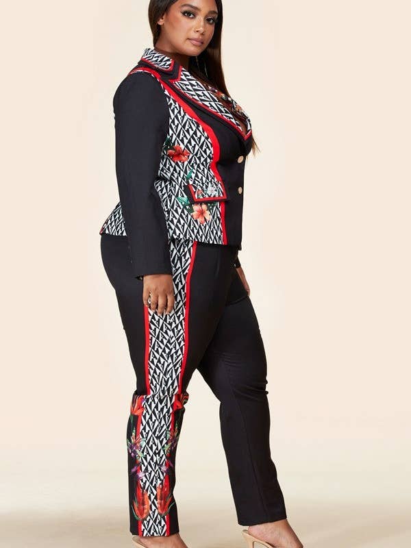 Plus-Size Black Flower Blazer Pant Suit Set for wholesale on Faire3