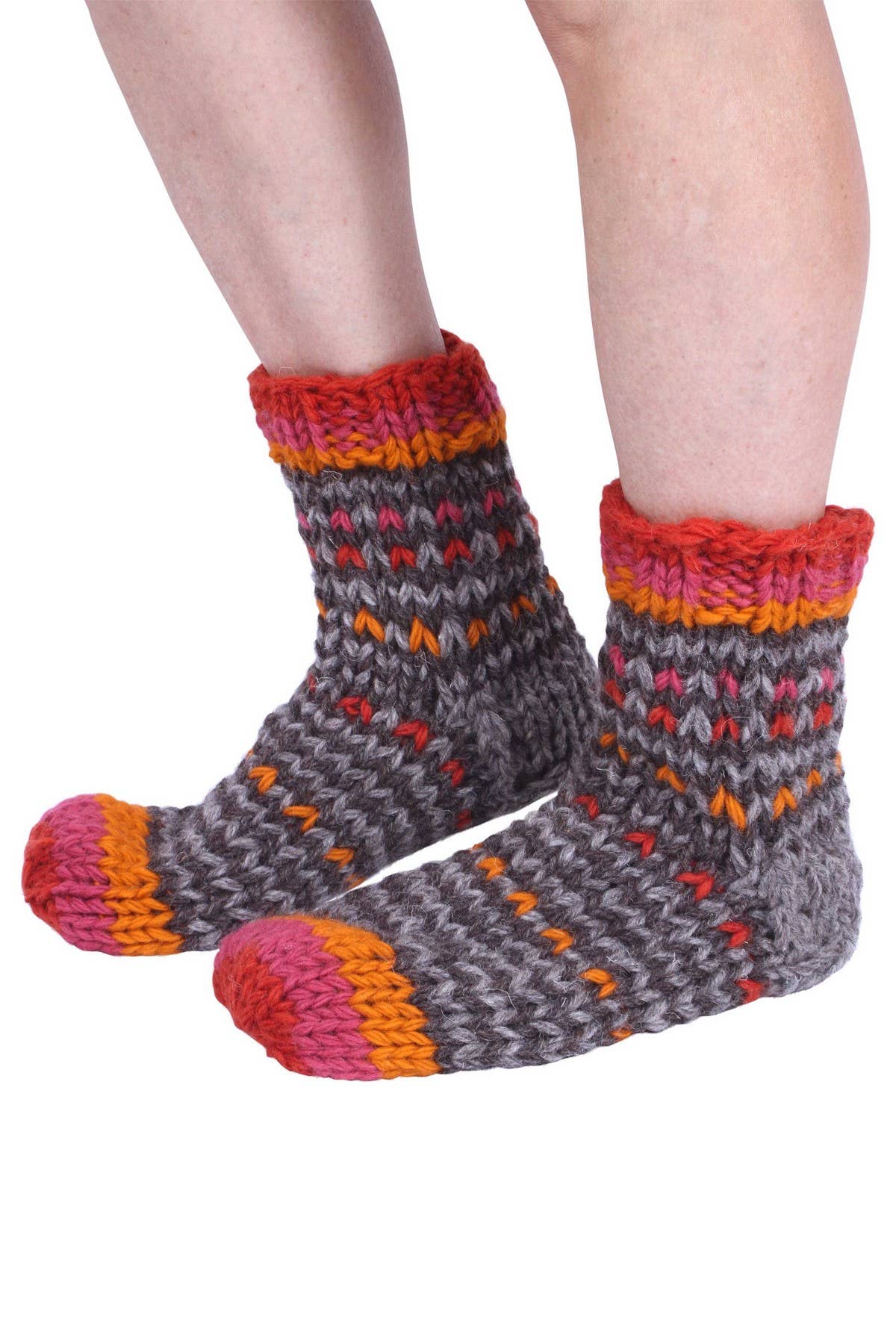 Écorce/Terre Arica - Chaussettes de canapé en laine tricotées à la main, rayées marron et rouge en vente sur Faire1