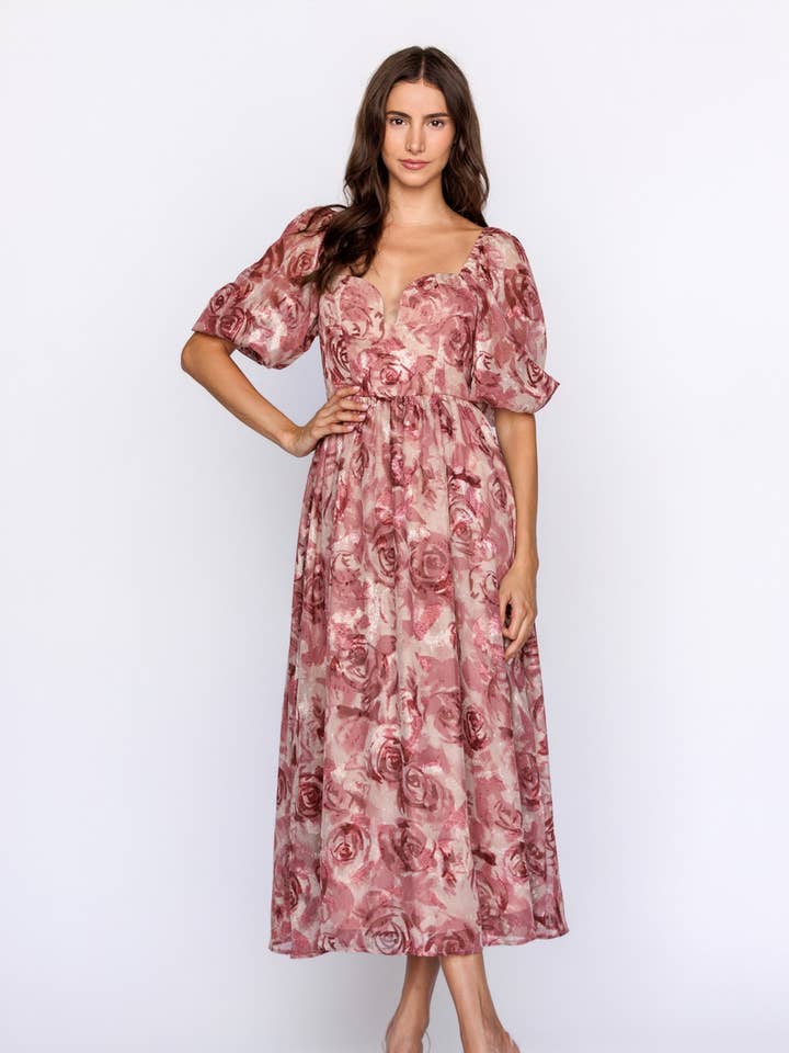 JD6324B-TEXTURED FLORAL JACQUARD MIDI DRESS for wholesale by STORIA