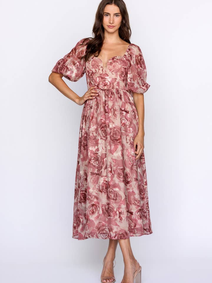 JD6324B-TEXTURED FLORAL JACQUARD MIDI DRESS for wholesale by STORIA