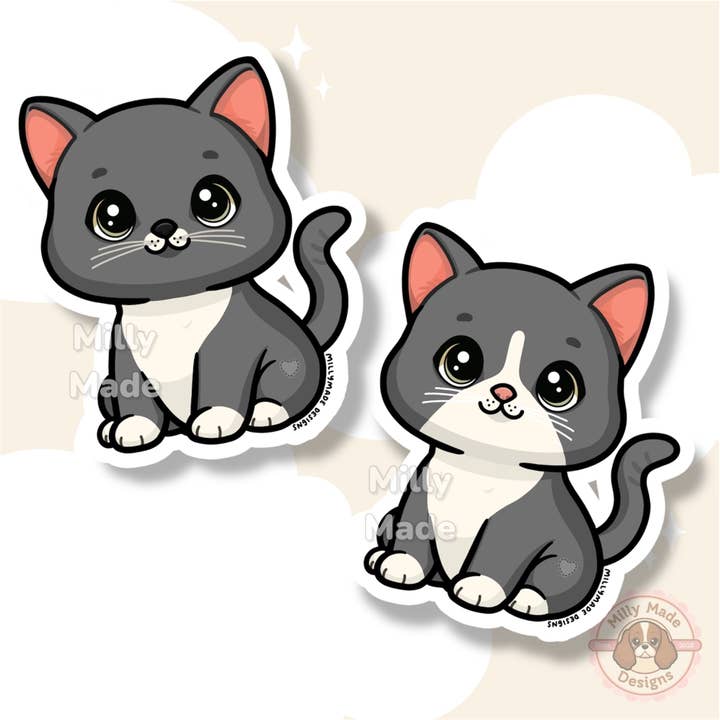 Gray Shorthaired Tuxedo Cat Sticker | Cute Cartoon Vinyl Decal | Durable | For Laptops, Journals | Cat Lover Gift for wholesale by Milly Made Designs
