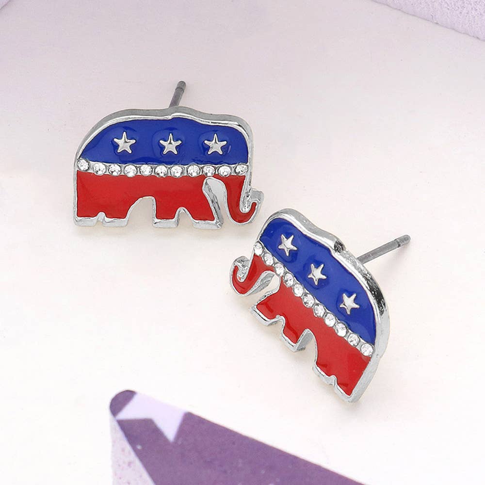 Sensibling Corp. - Wholesale Stud/Post Earrings - Stone Paved American USA Republican Elephant Stud Earrings2