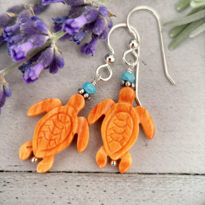 Spiny Oyster and Turquoise Sea Turtle Earrings for wholesale by Sunlight Silver Jewelry