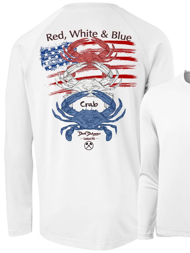 Men’s Performance Red White & Blue Crab Long Sleeve for wholesale by David Dunleavy