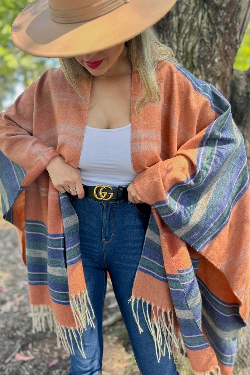 Rost Rostrandig tryckt mysig Ruana sjalkofta med tofs för wholesale på Faire4